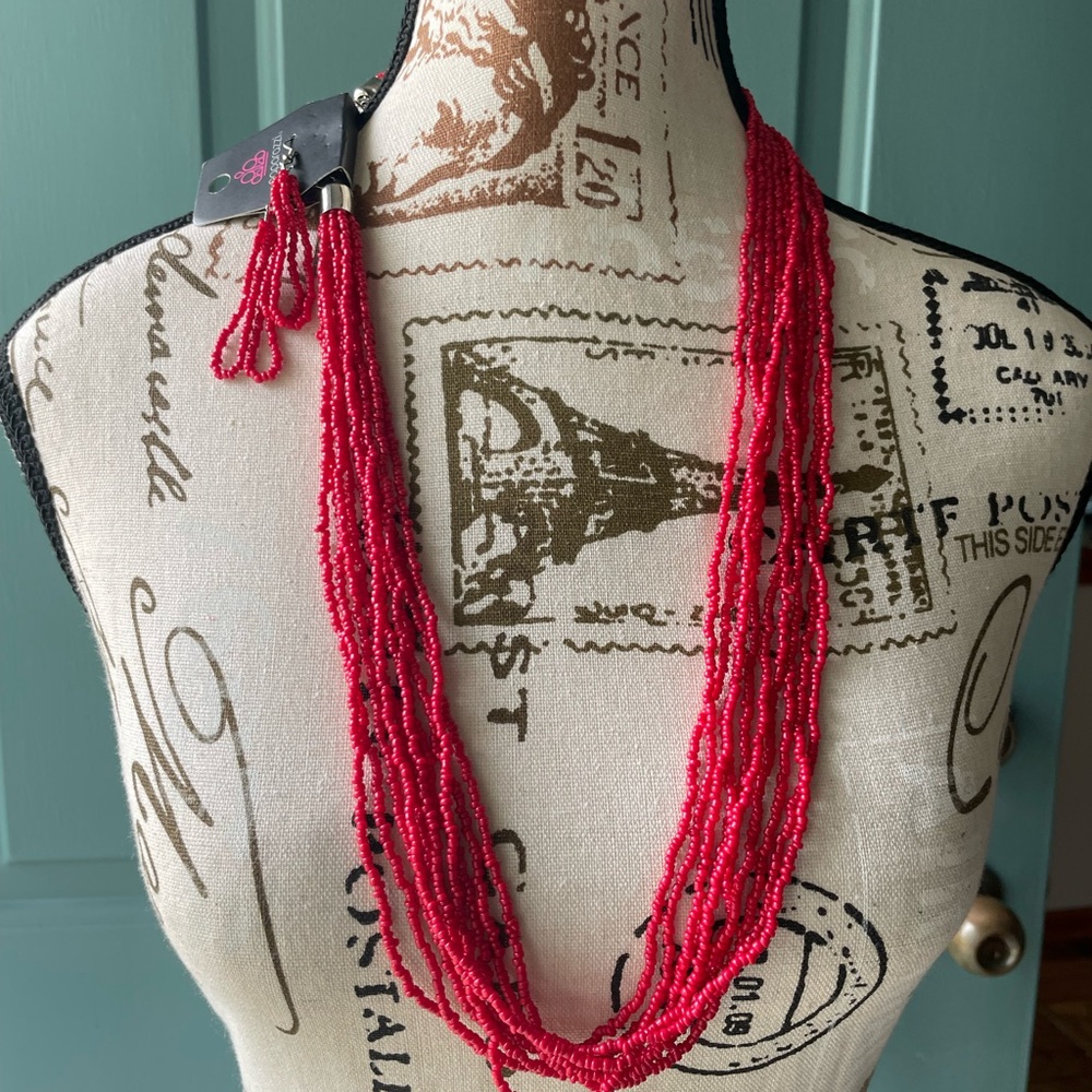 NWT Red Beaded Necklace With Earrings
